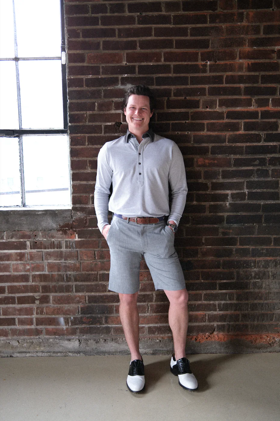 Ford 5 Button Long Sleeve Polo - Light Grey Heather/White - Image 2